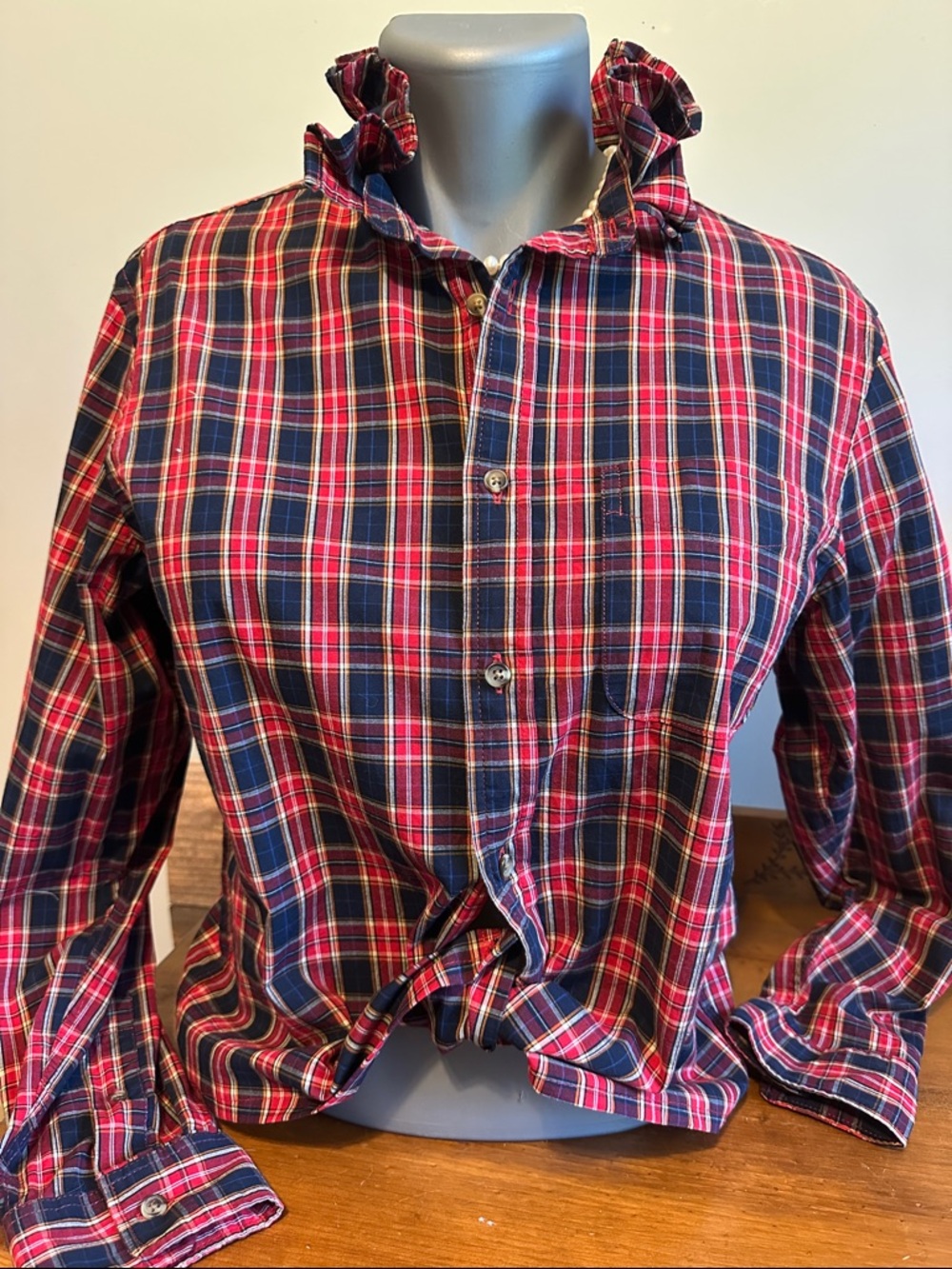 Old Navy Red and Navy Plaid Women’s Ruffle collar Shirt